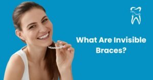 Person holding a Invisible Braces with text 'What Are Invisible Braces?' and 'truSmile' logo on a blue background.